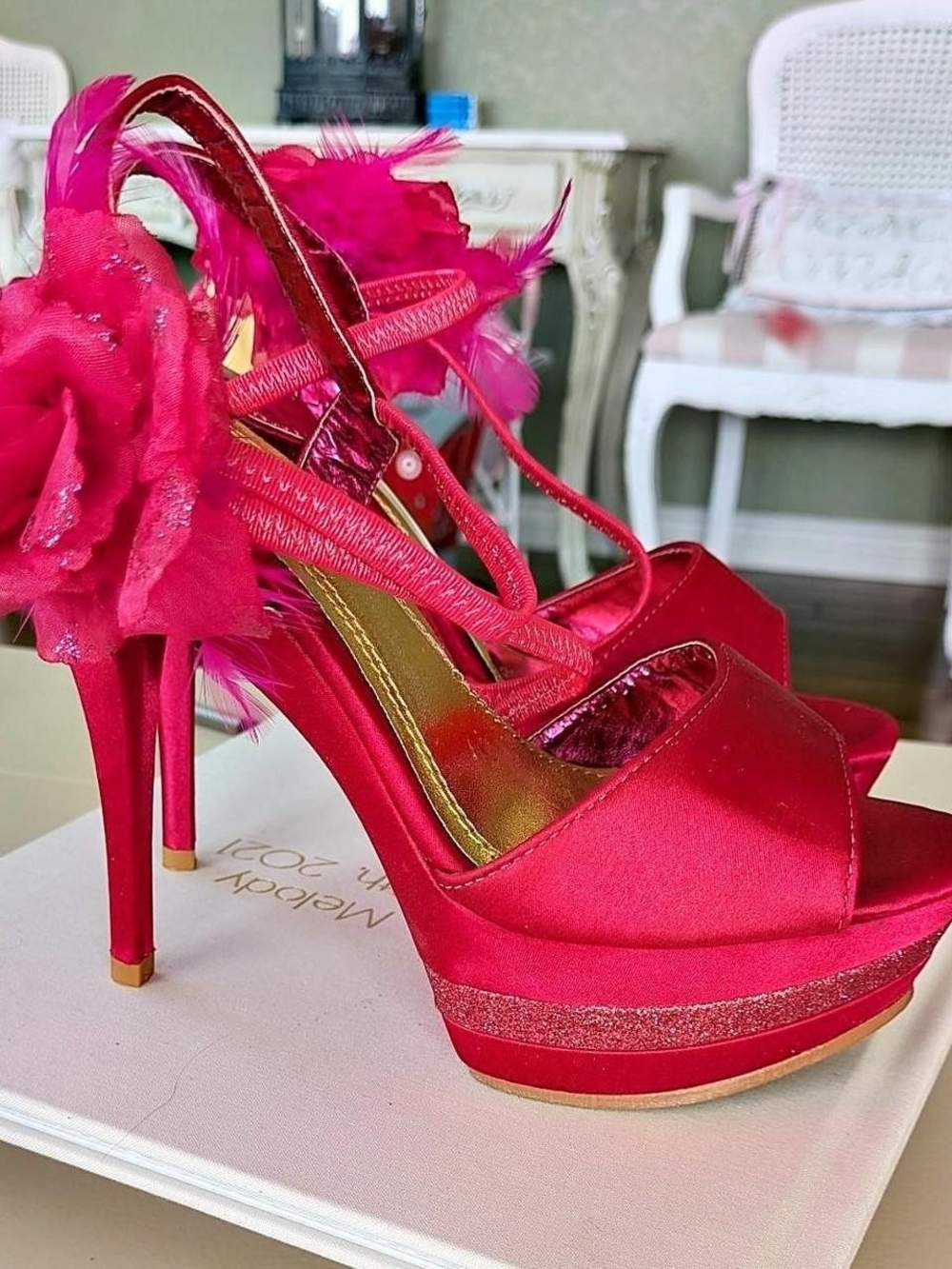 Ladies Hot Pink Satin Platform Heels with Floral Accent